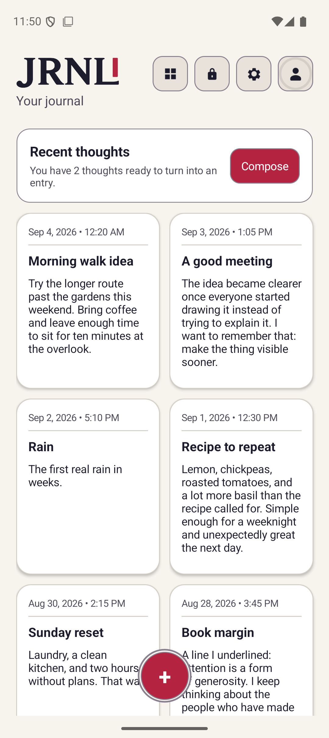 JRNL in light mode, showing journal entries and the quick capture button.